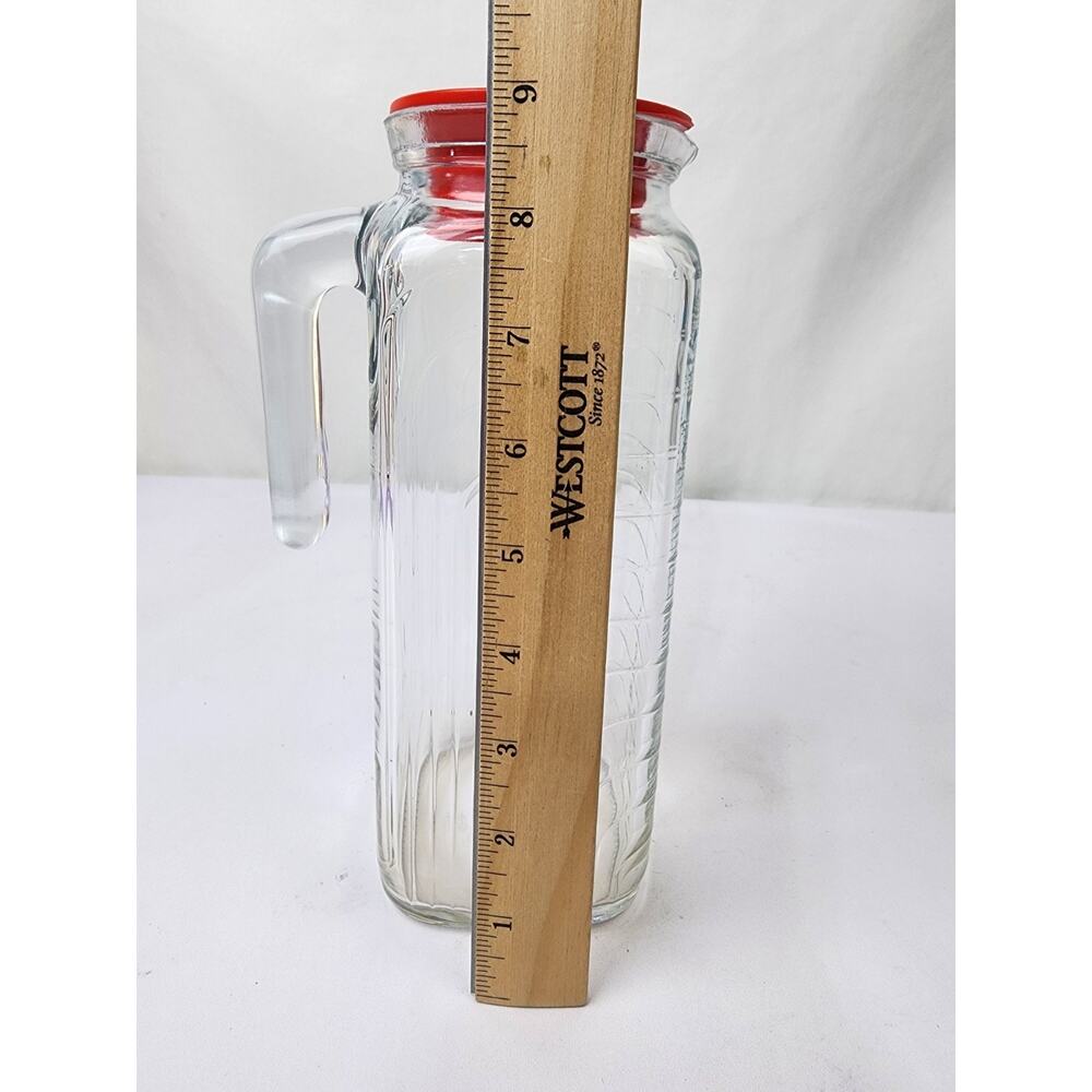Covetro Ribbed Glass 9" Refrigerator Juice Water 40oz Pitcher w/Handle Red Lid - Picture 9 of 9